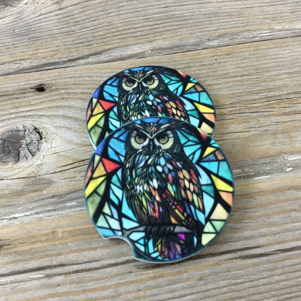 Owl Faux Stained Glass Car Coasters - Set of 2